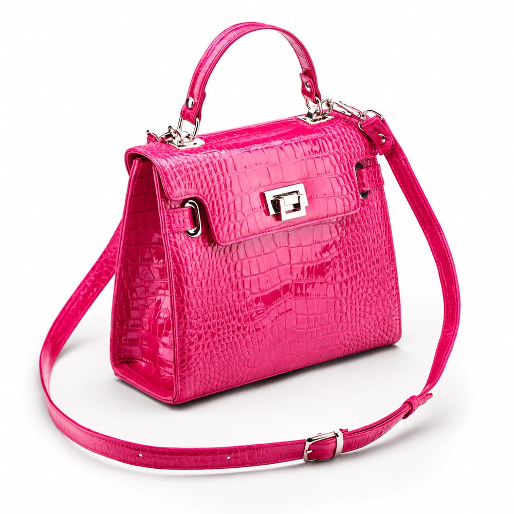 Leather Mini Catherine top handle bag, pink patent croc, with shoulder strap