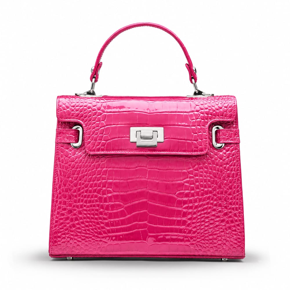 Leather Mini Catherine top handle bag, pink patent croc, front