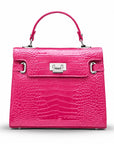 Leather Mini Catherine top handle bag, pink patent croc, front