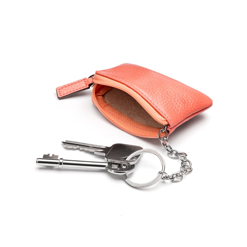 Miniature leather coin purse with key chain, pink, inside