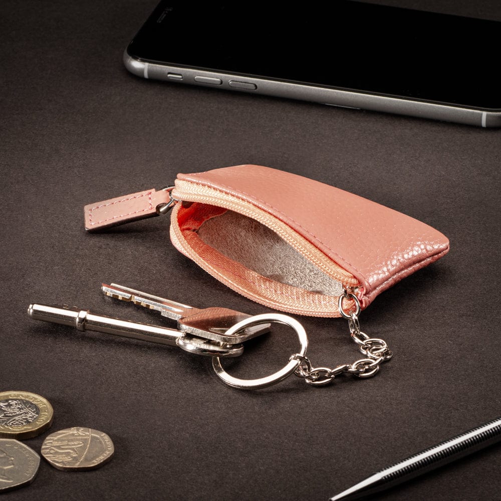 Miniature leather coin purse with key chain, pink, lifestyle