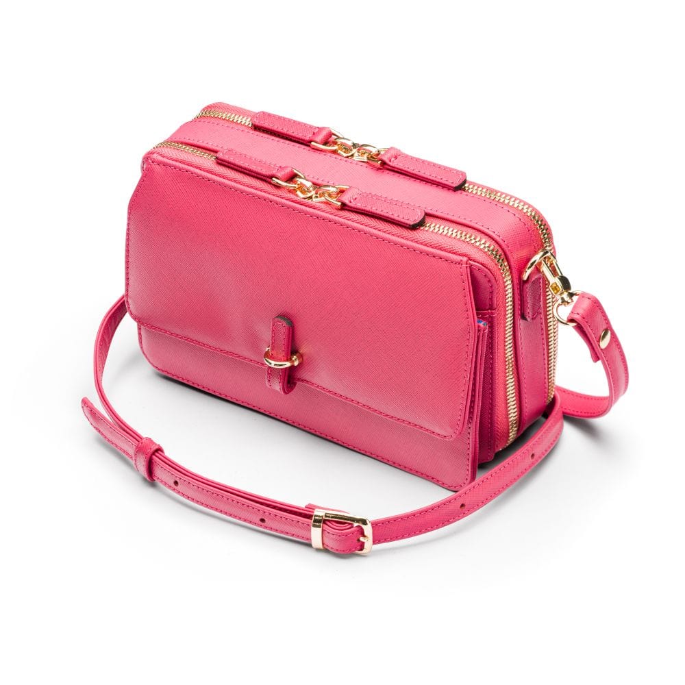 Small leather shoulder bag, pink saffiano, side