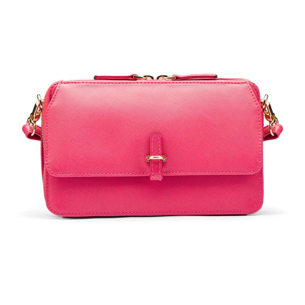 Small leather shoulder bag, pink saffiano, front