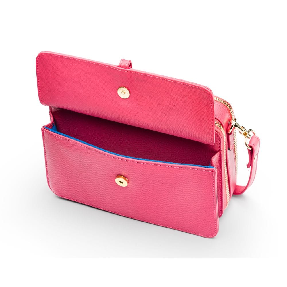 Small leather shoulder bag, pink saffiano, front pocket open