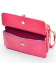 Small leather shoulder bag, pink saffiano, front pocket open