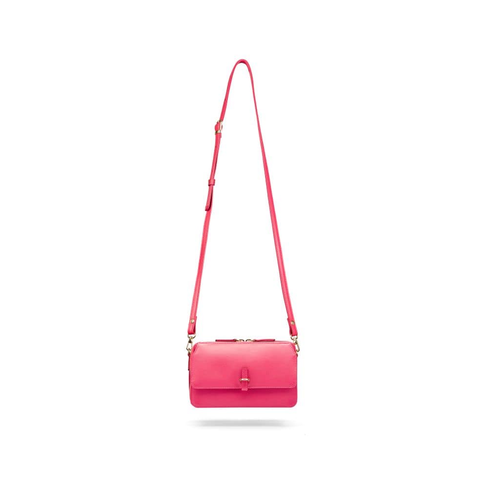 Small leather shoulder bag, pink saffiano. with long shoulder strap