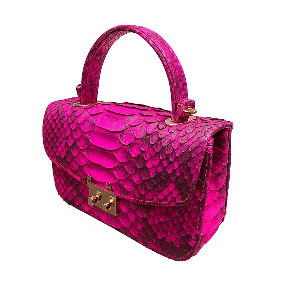 Small real python top handle bag, pink, side