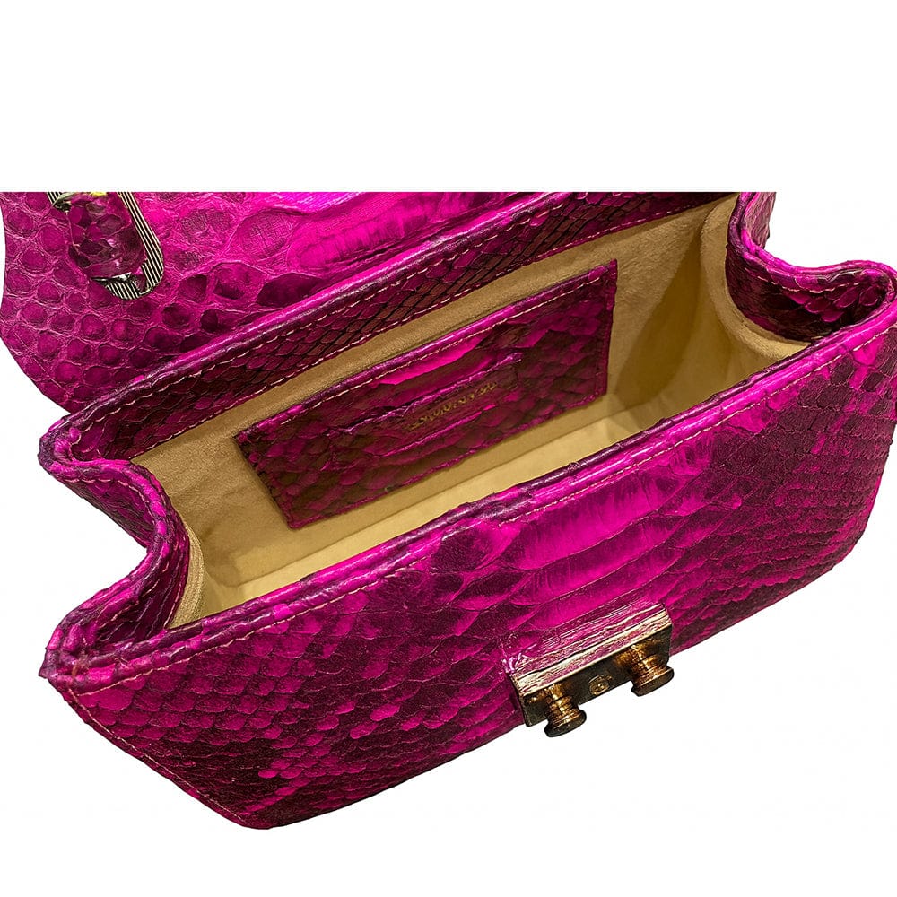 Small real python top handle bag, pink, inside