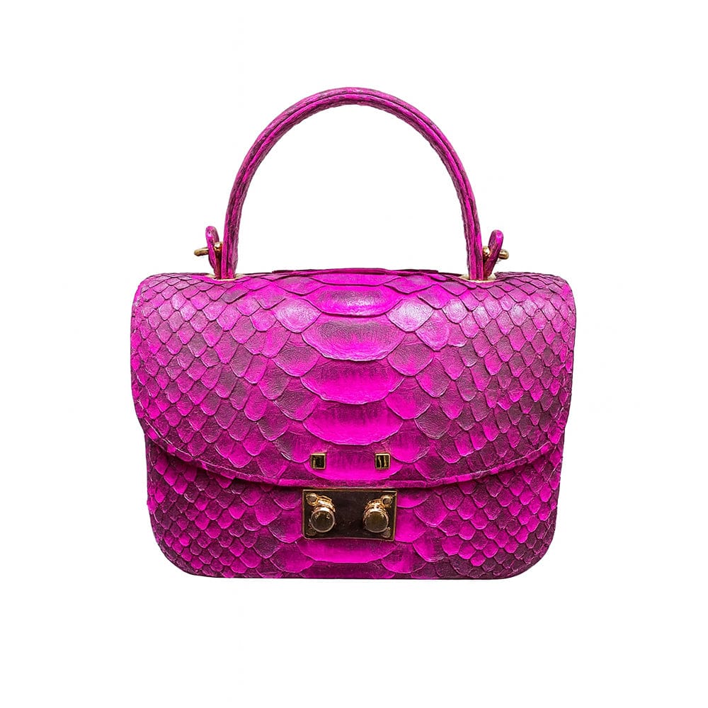 Small real python top handle bag, pink, front