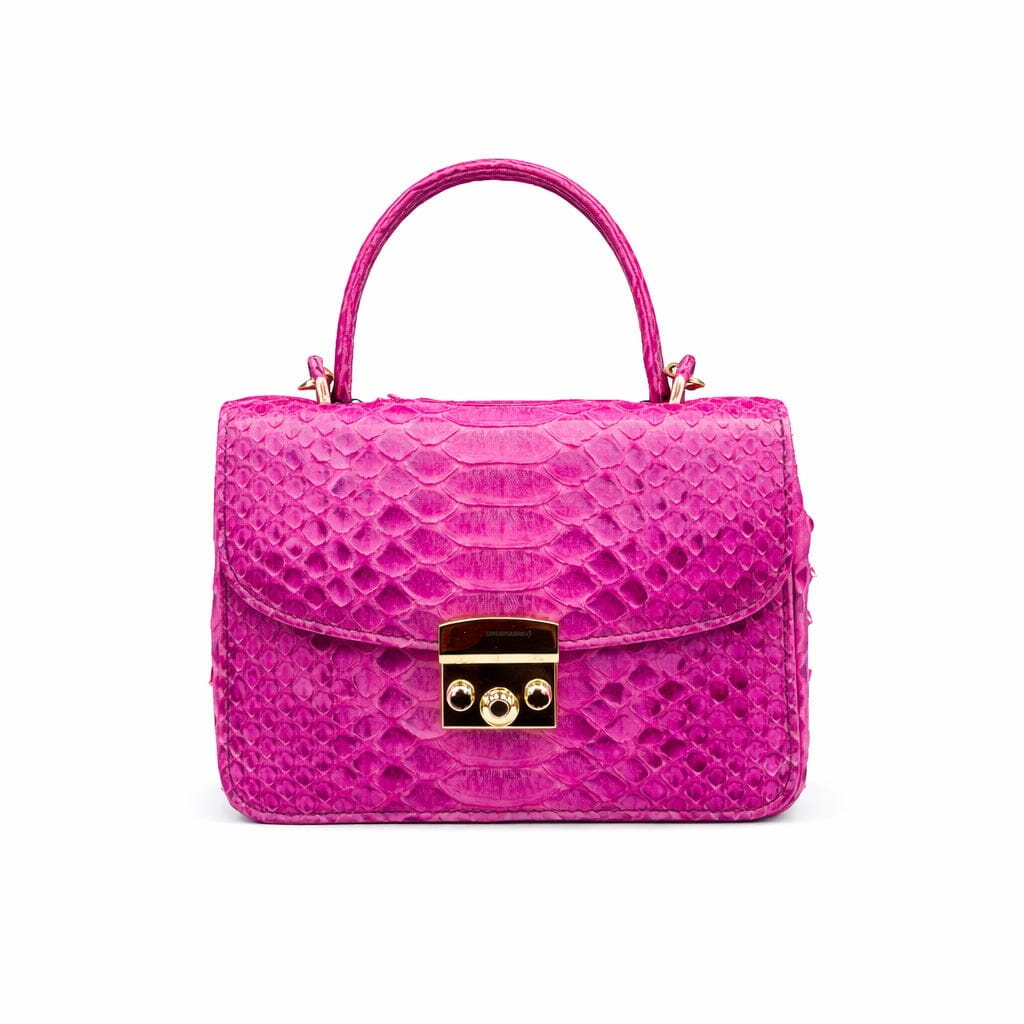 Small real python top handle bag, pink, front view