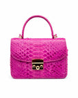 Small real python top handle bag, pink, front view