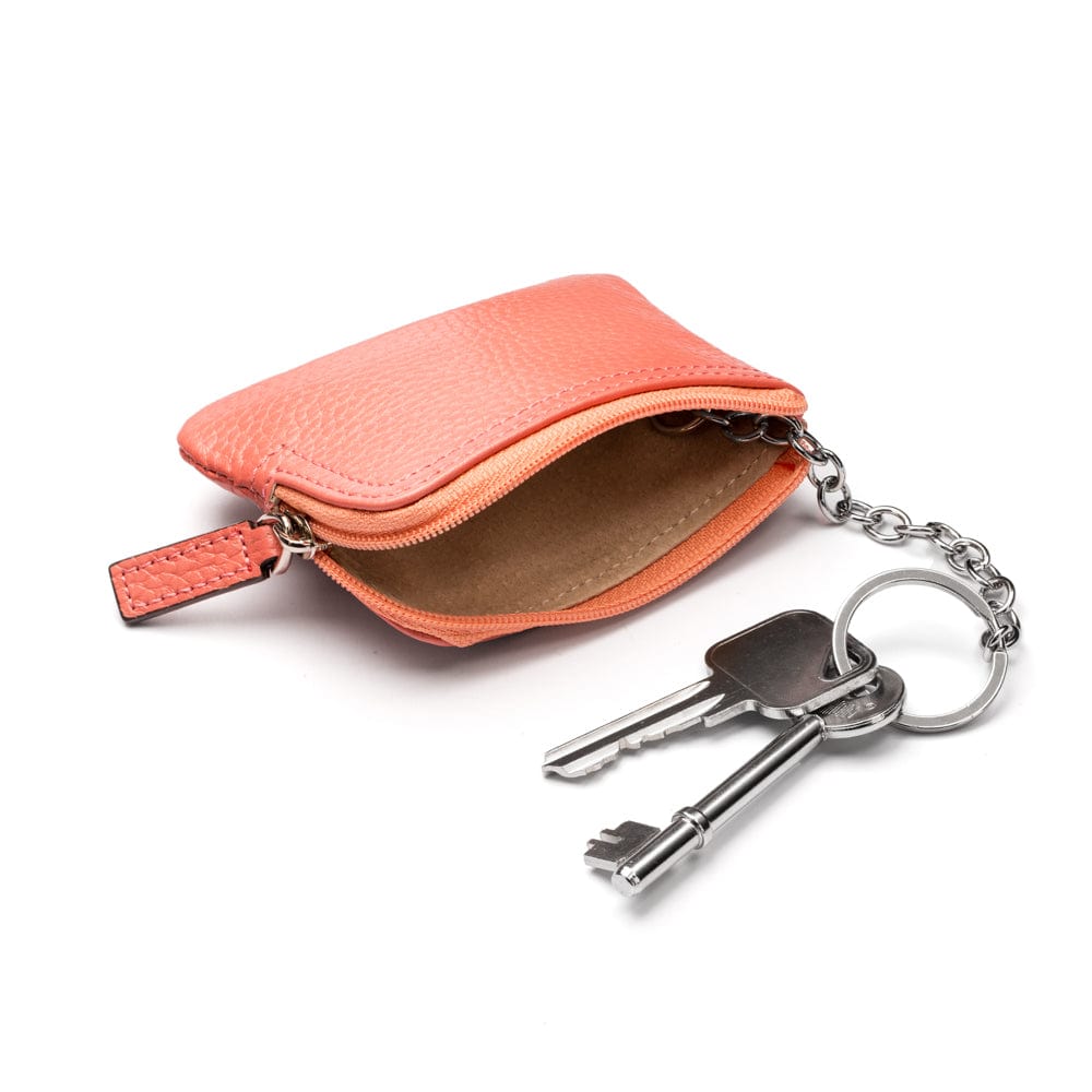 Small leather coin purse with key chain, pink, inside