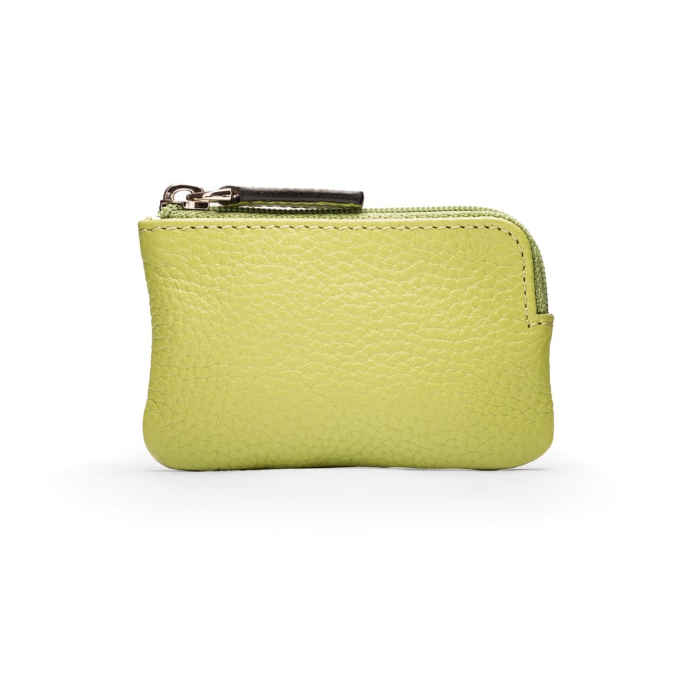 Miniature leather coin purse with key chain, pistachio green, front