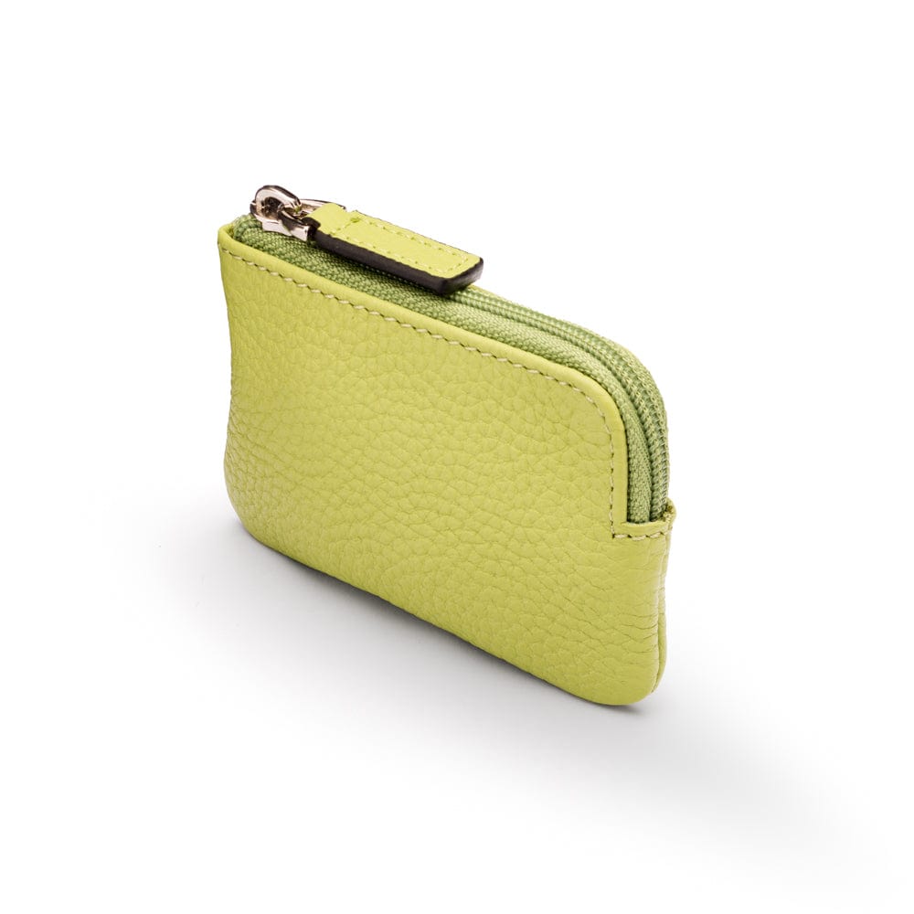 Miniature leather coin purse with key chain, pistachio green, top