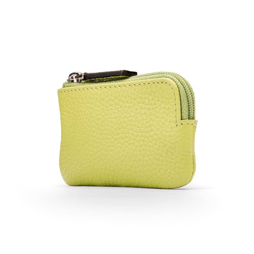 Miniature leather coin purse with key chain, pistachio green, side