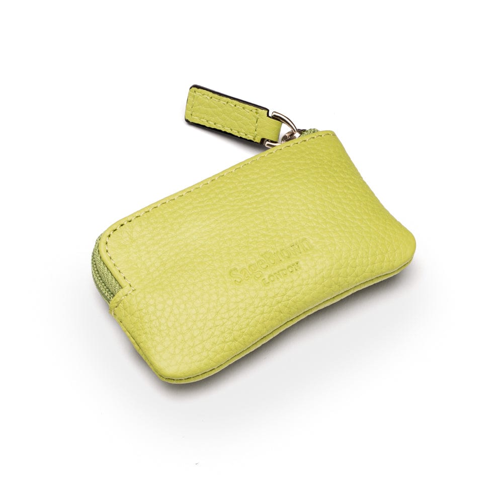 Miniature leather coin purse with key chain, pistachio green, back