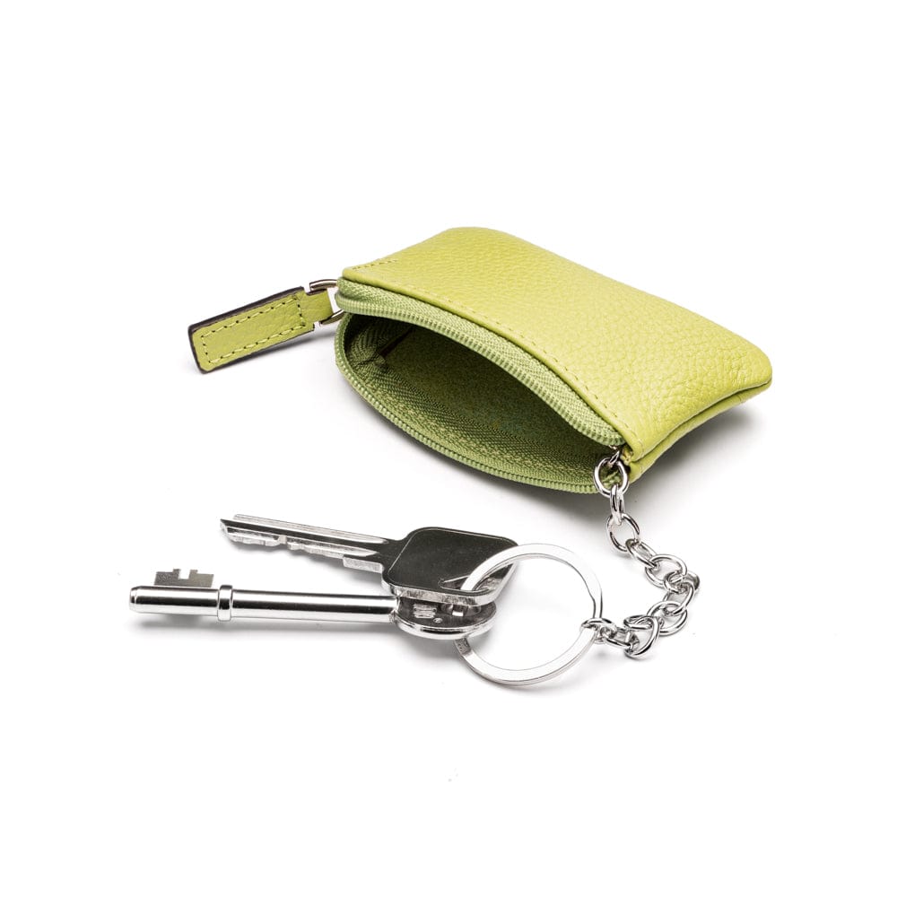 Miniature leather coin purse with key chain, pistachio green, inside