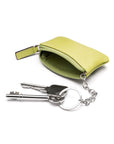 Miniature leather coin purse with key chain, pistachio green, inside