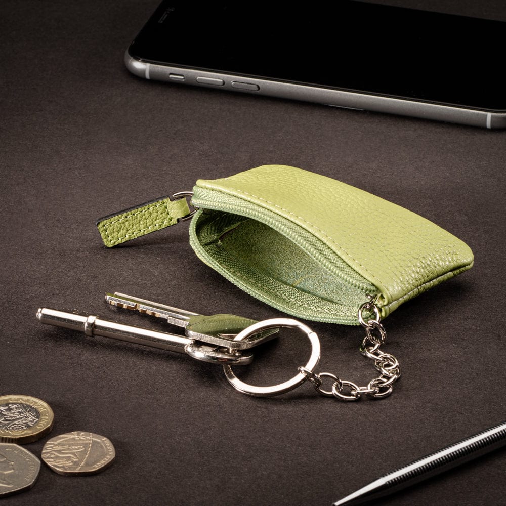 Miniature leather coin purse with key chain, pistachio green, lifestyle