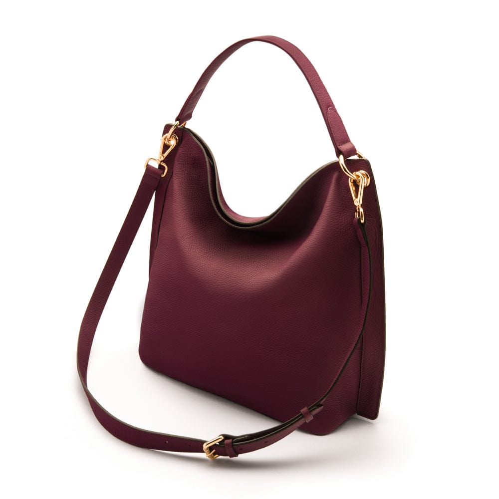 Carol Ann slouchy leather shoulder bag, purple, with both straps