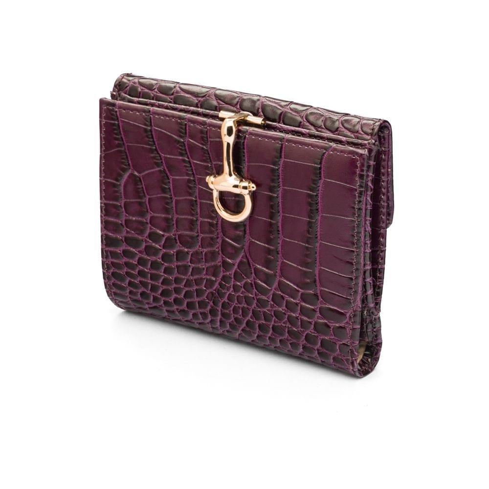 Leather purse with equestrain clasp, purple croc, front