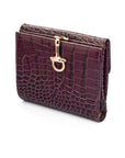 Leather purse with equestrain clasp, purple croc, front