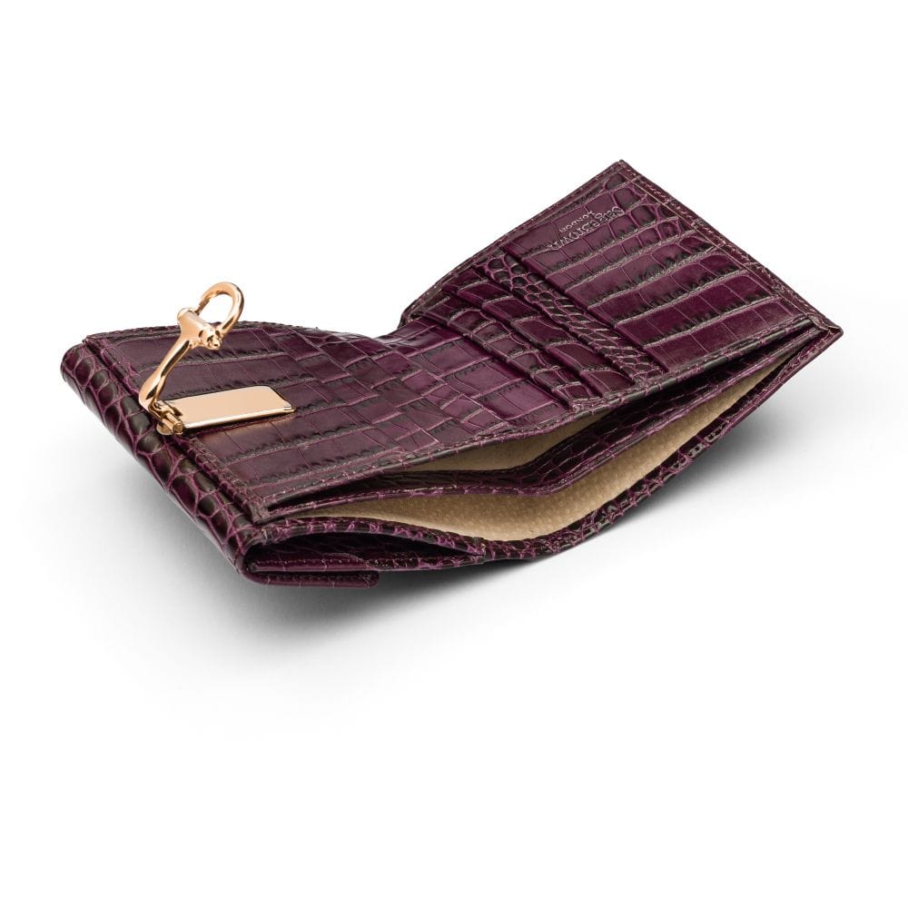 Leather purse with equestrain clasp, purple croc, inside