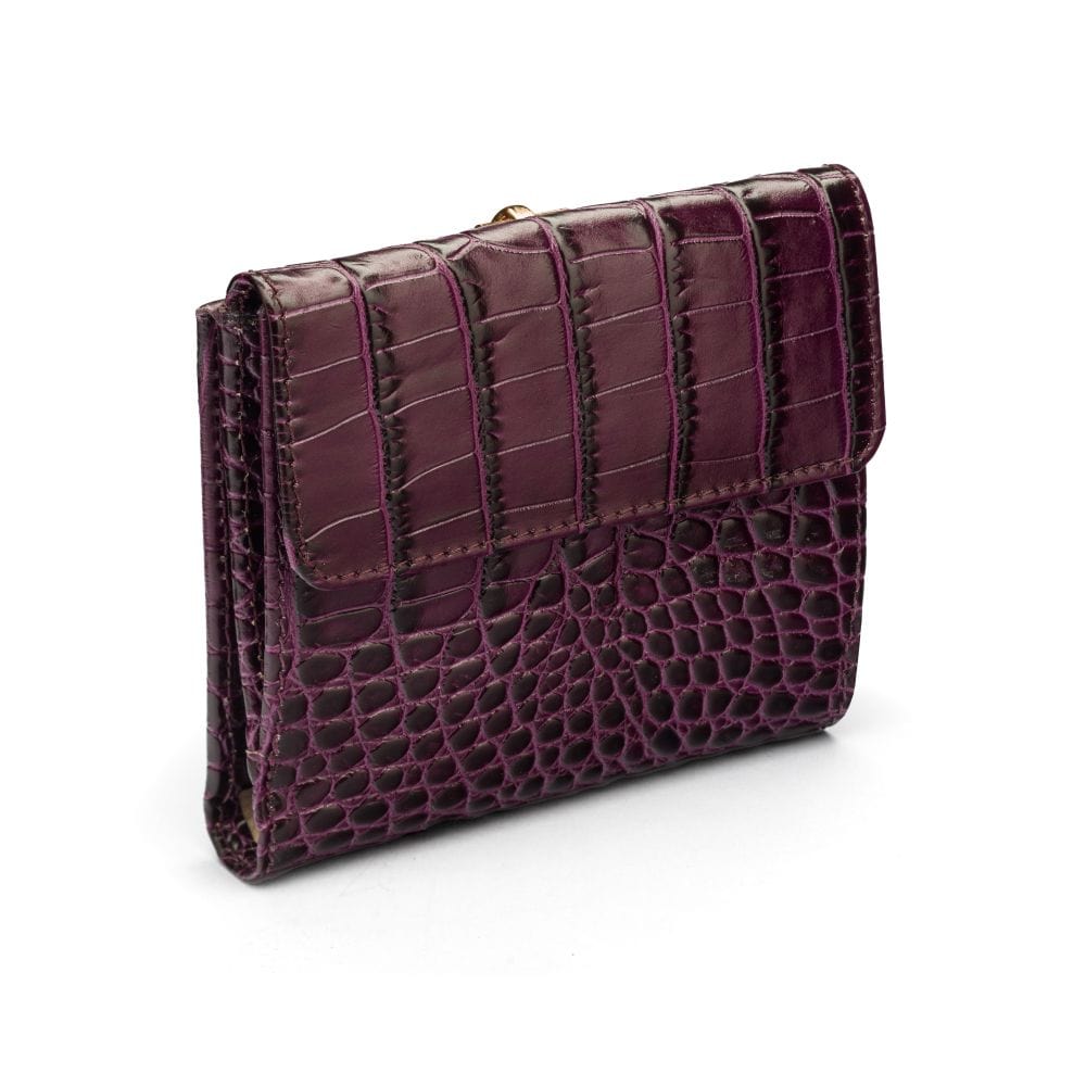 Leather purse with equestrain clasp, purple croc, back