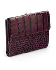 Leather purse with equestrain clasp, purple croc, back