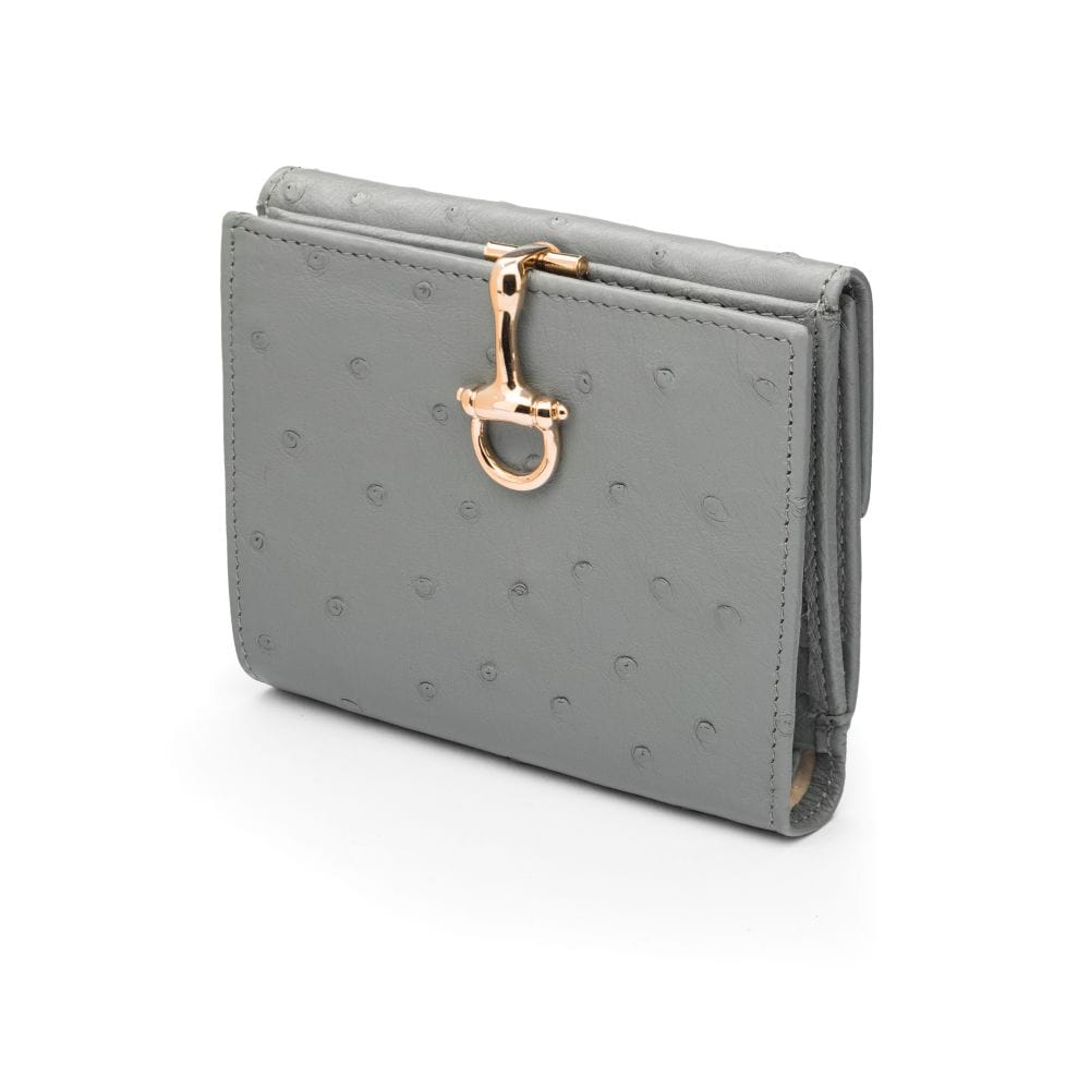 Ostrich leather purse with equestrain clasp, grey ostrich, front