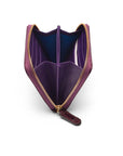 Small leather zip around accordion coin purse, dark purple croc, inside