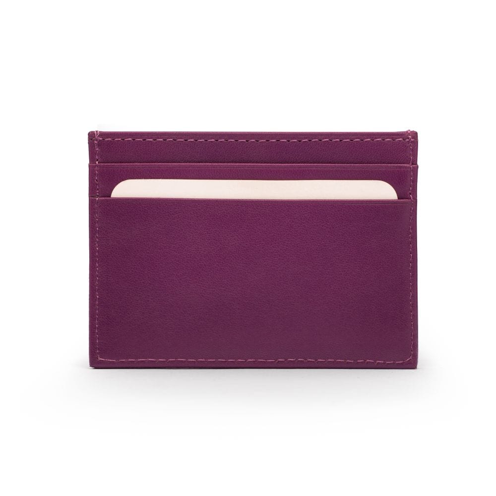 Flat leather credit card wallet, purple, front view