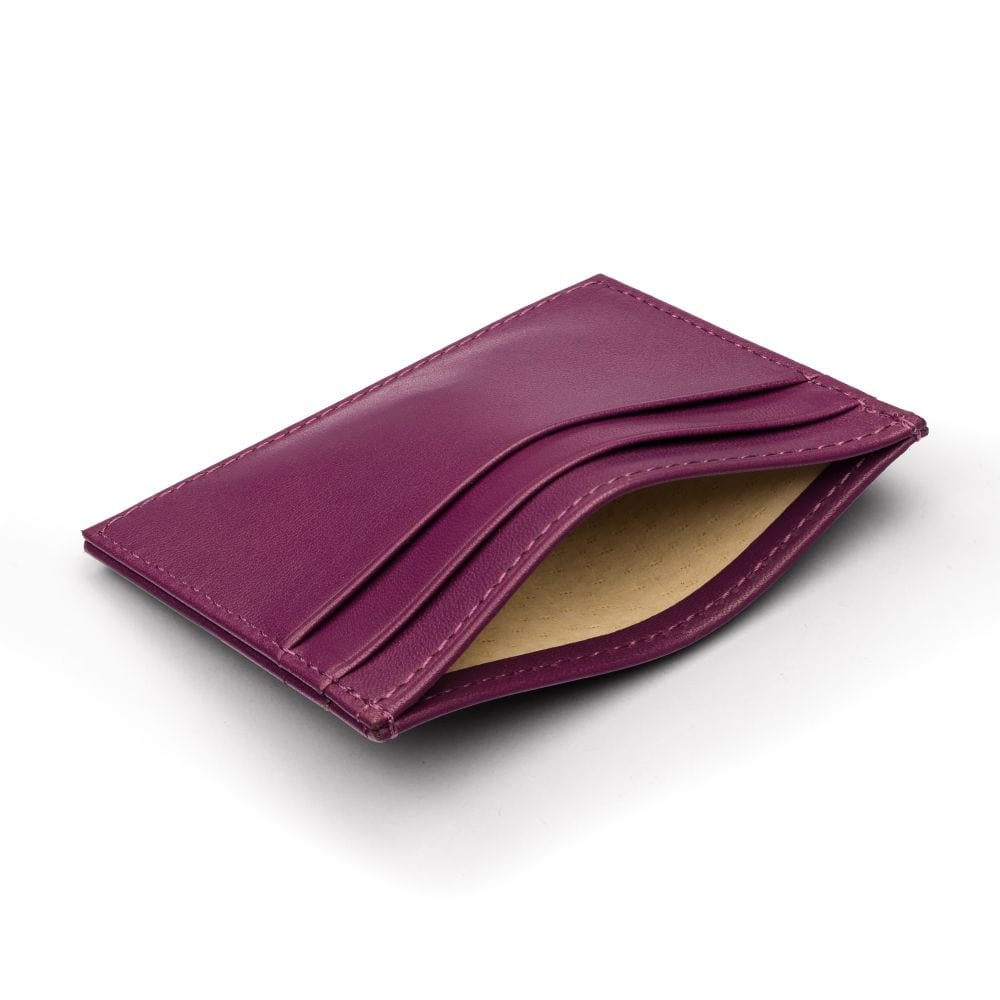 Flat leather credit card wallet, purple, inside