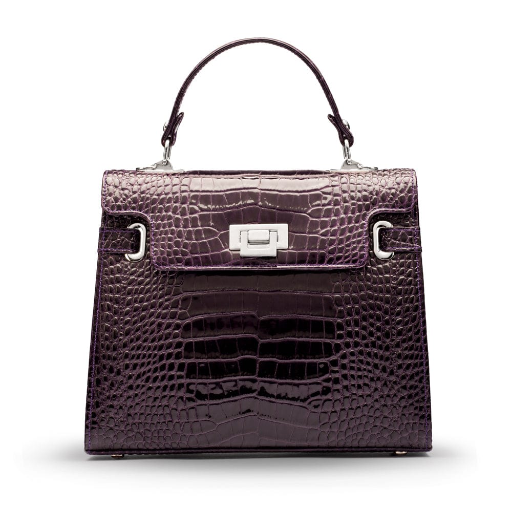 Leather Catherine top handle bag, purple patent croc, front