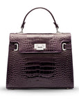 Leather Catherine top handle bag, purple patent croc, front