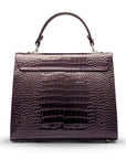 Leather Catherine top handle bag, purple patent croc, back