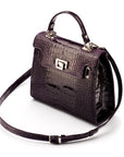 Leather Catherine top handle bag, purple patent croc, side