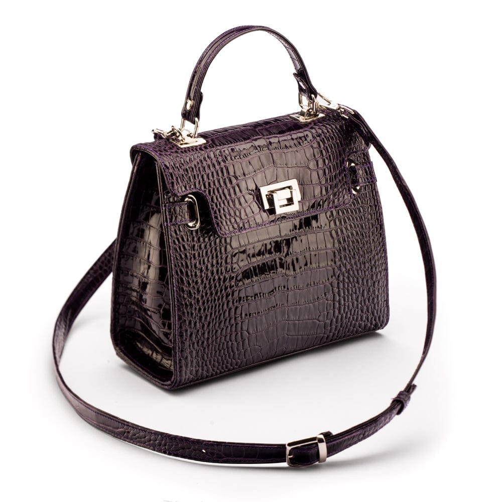 Leather Catherine top handle bag, purple patent croc, with shoulder strap