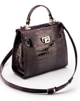 Leather Catherine top handle bag, purple patent croc, with shoulder strap