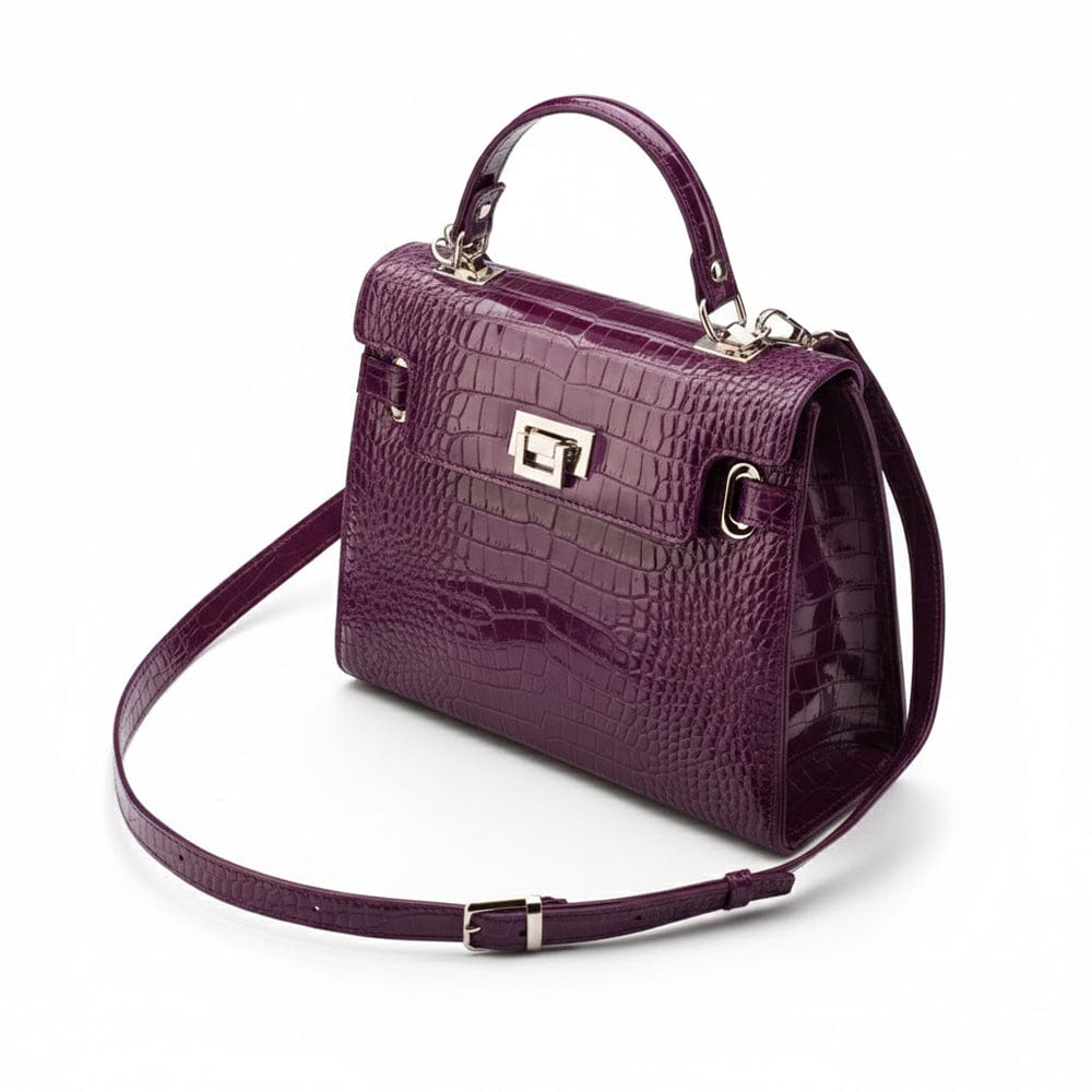 Leather Catherine bag, purple patent croc, side