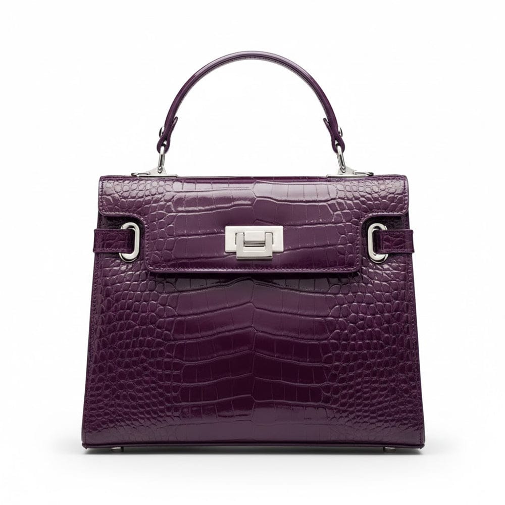 Leather Catherine bag, purple patent croc, front