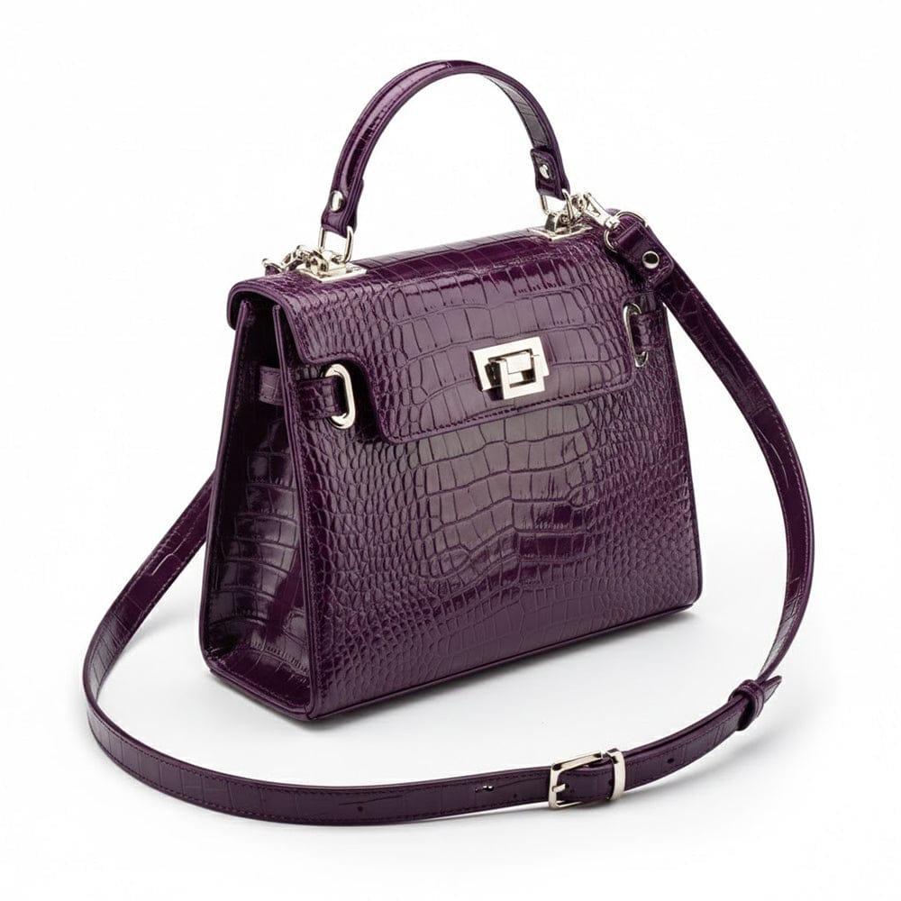 Leather Catherine bag, purple patent croc, with strap
