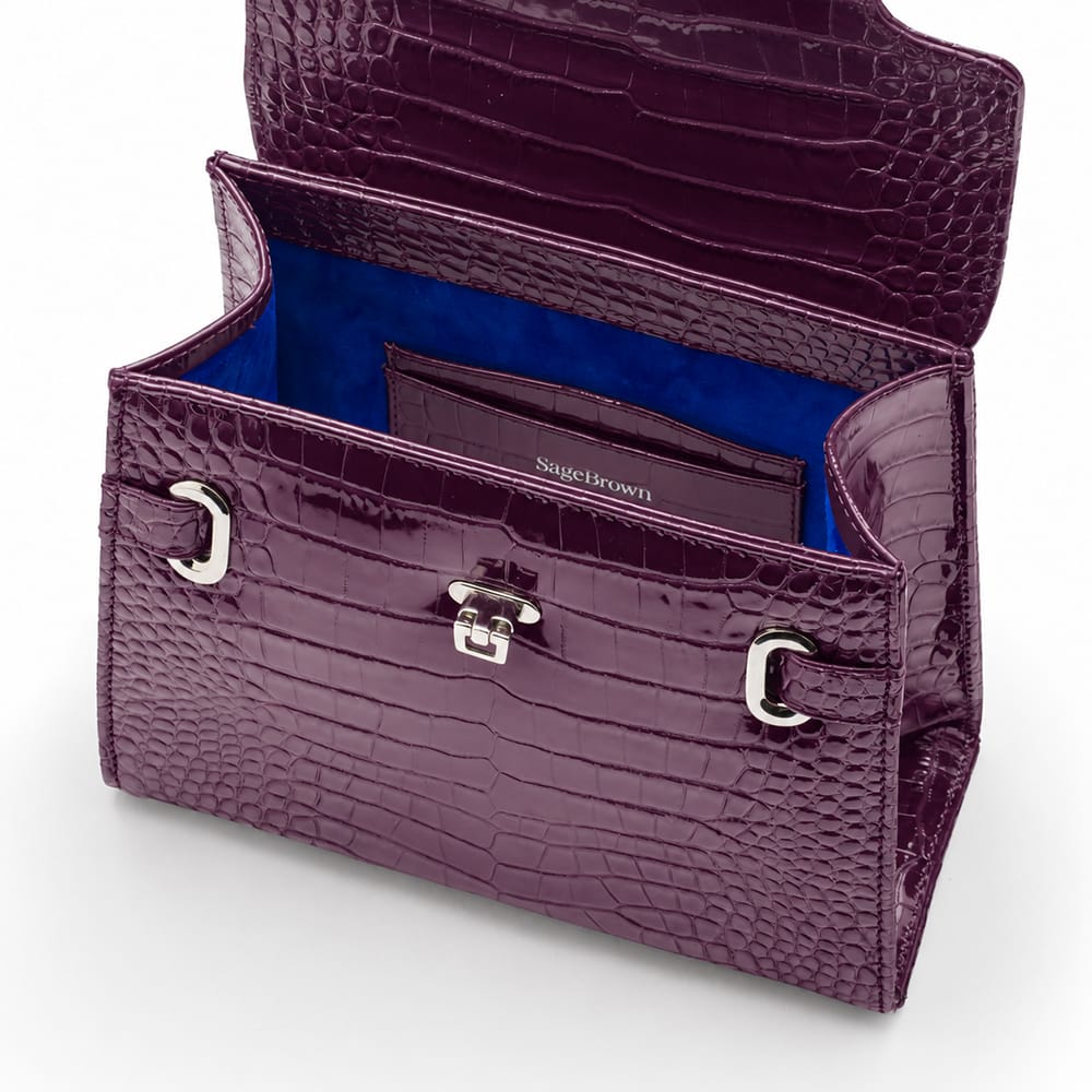 Leather Catherine bag, purple patent croc, inside
