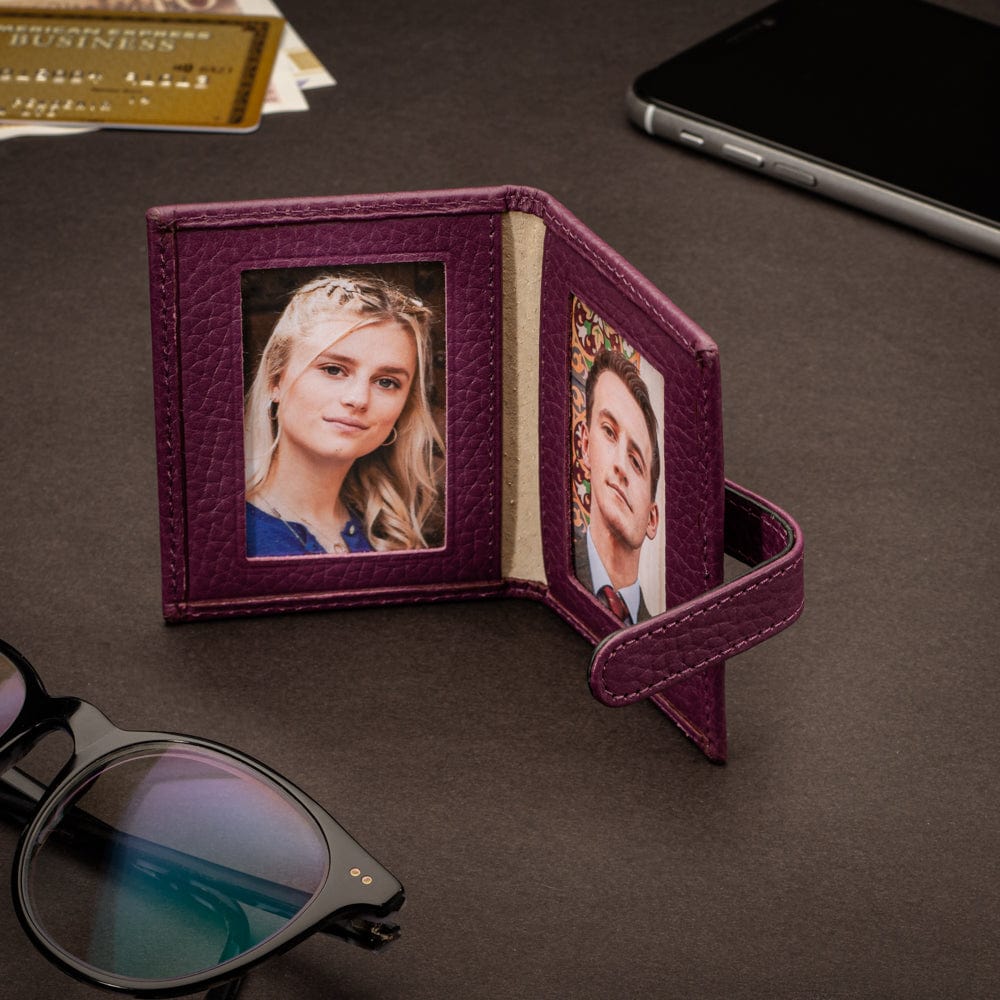Mini leather passport photo frame, purple, 60 x 40mm, lifestyle