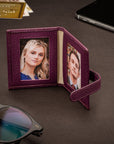 Mini leather passport photo frame, purple, 60 x 40mm, lifestyle