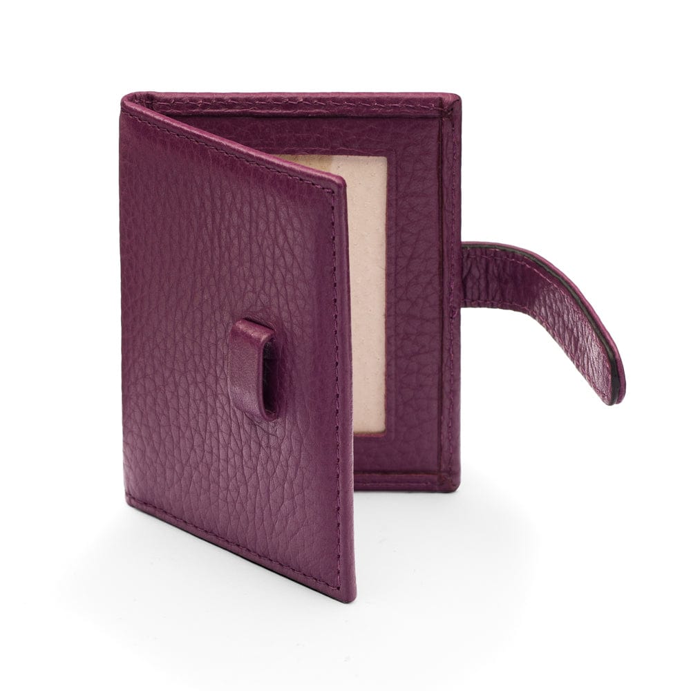 Mini leather passport photo frame, purple, 60 x 40mm, open