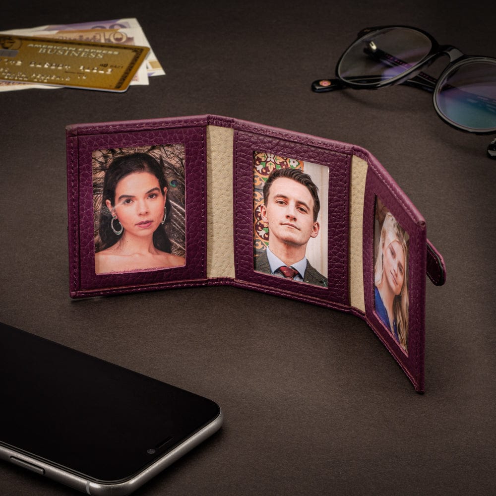 Mini leather trifold photo frame, purple, 60 x 40mm, lifestyle