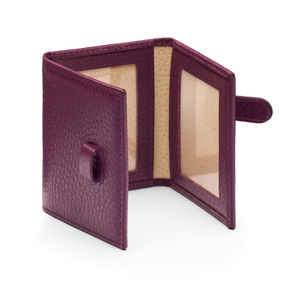 Mini leather trifold photo frame, purple, 60 x 40mm, open