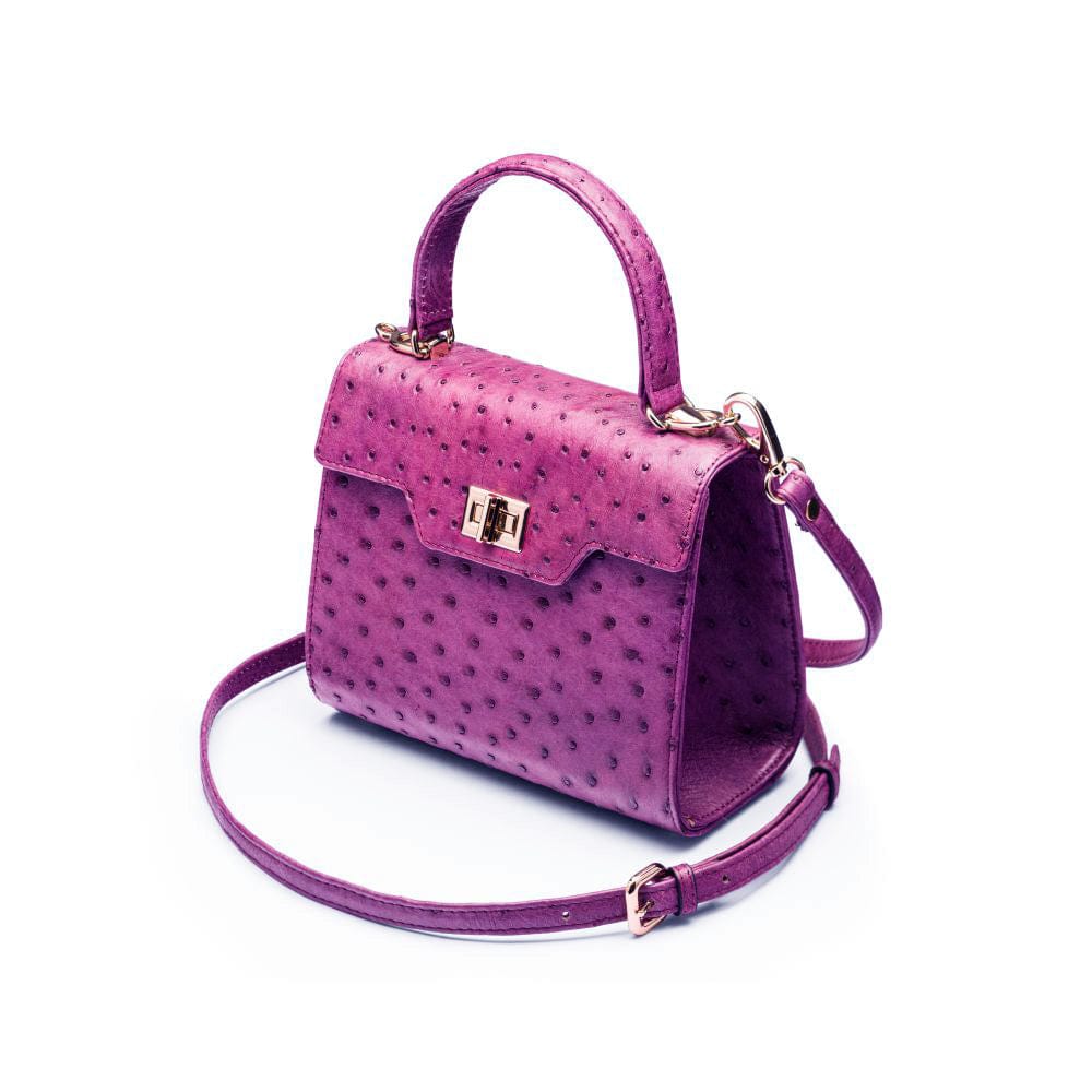 Mini ostrich leather Morgan Bag, top handle bag, purple, side