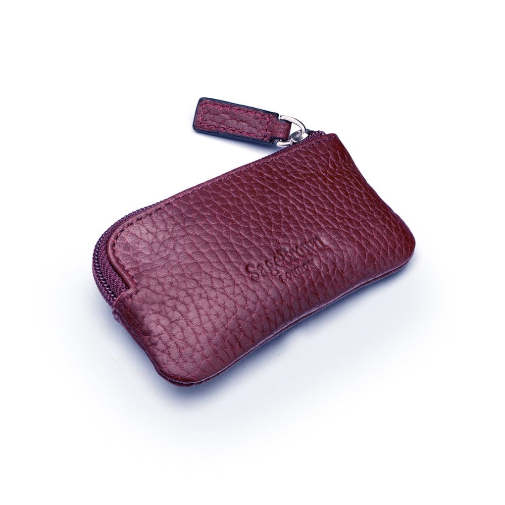 Miniature leather coin purse with key chain, purple, back